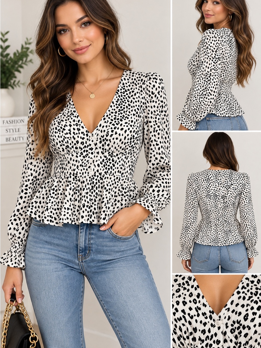 V-Neck Black & White Leopard Peplum Blouse